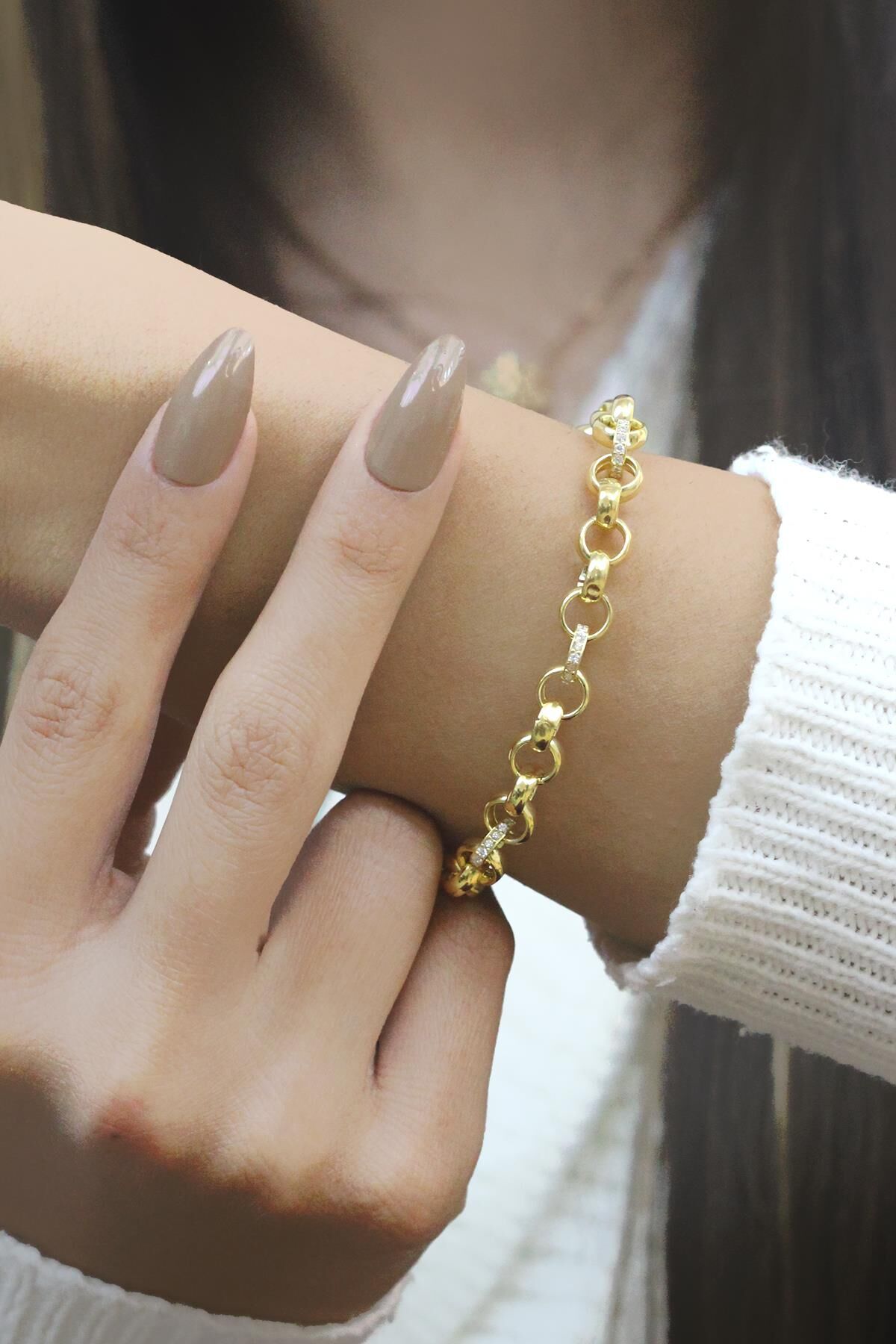 Altın Yaldızlı Gümüş Taşlı Doç Zincir Bileklik 3517