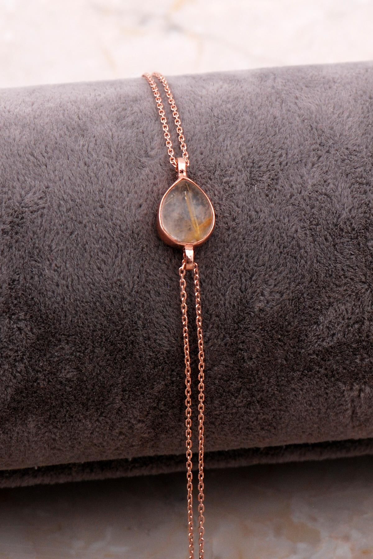 Doğal Sarı Rutil Kuvars Taşlı Damla Mini Rose Gümüş Bileklik 4110