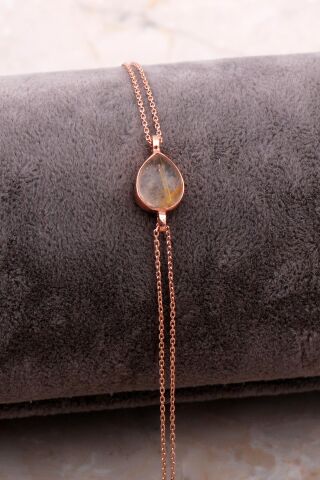 Doğal Sarı Rutil Kuvars Taşlı Damla Mini Rose Gümüş Bileklik 4110