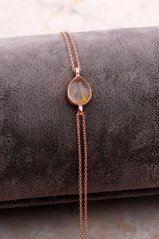 Doğal Sarı Rutil Kuvars Taşlı Damla Mini Rose Gümüş Bileklik 4110