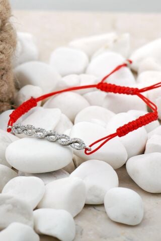 Örgü Taşlı Makrome Gümüş Bileklik 3864