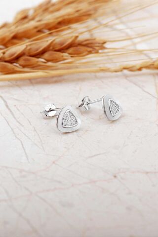 Sedef Taşlı Rodyumlu Üçgen Mini Gümüş Küpe 7270