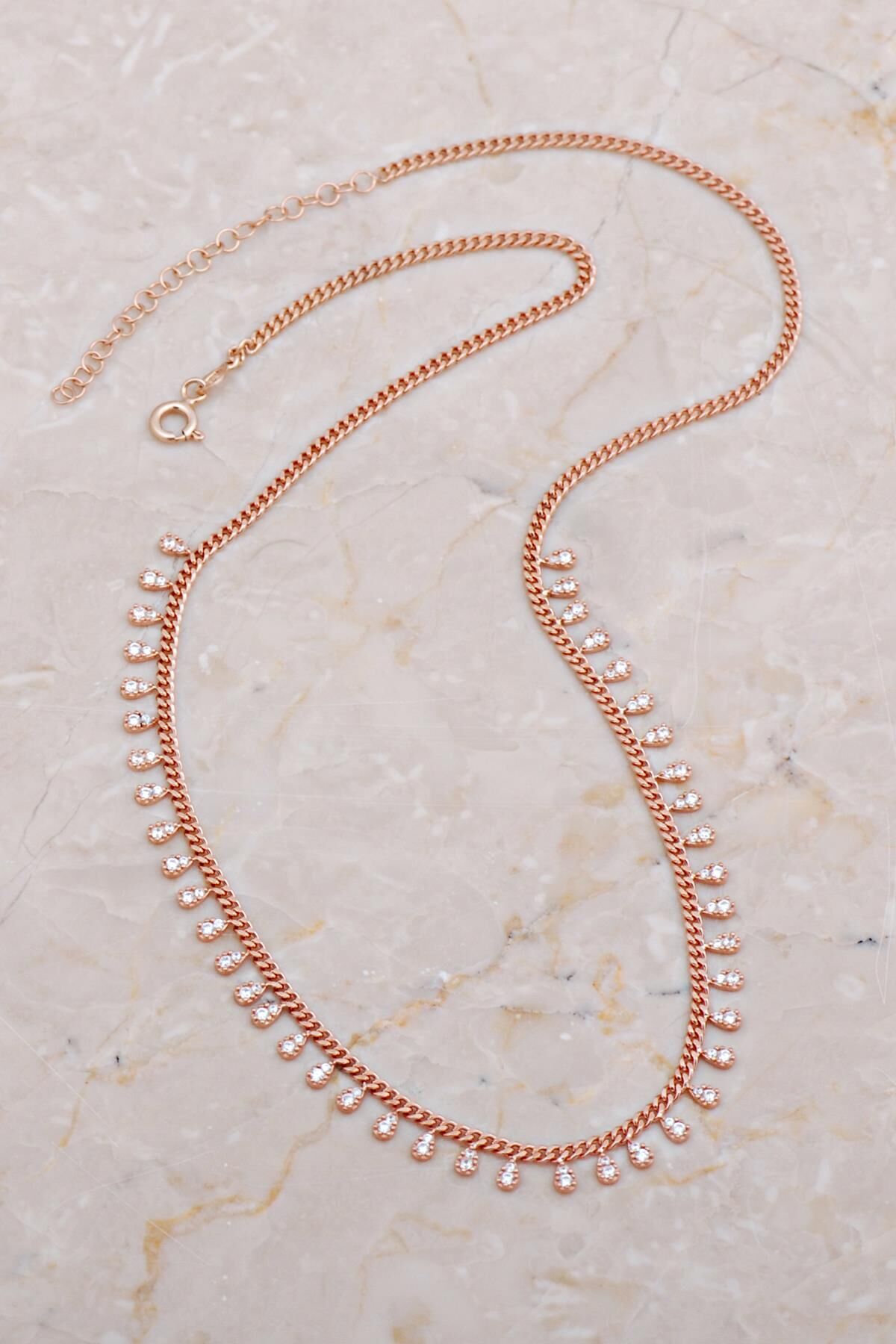 Taşlı Damla Rose Gümüş Choker Kolye 7926