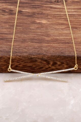 Zirkon Taşlı Altın Yaldızlı Gümüş Kolye 919