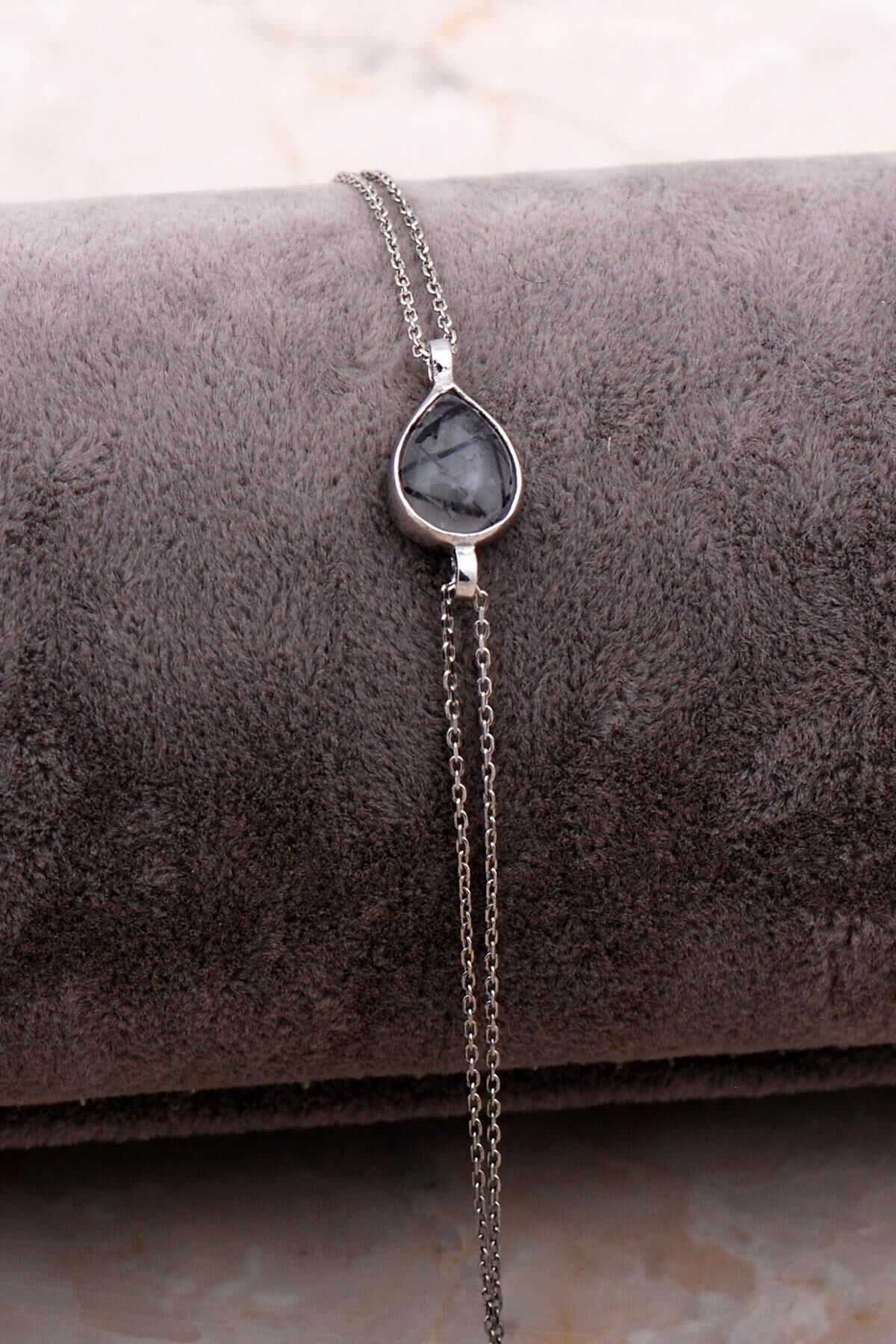 Doğal Rutil Kuvars Taşlı Damla Mini Rodyumlu Gümüş Bileklik 4111