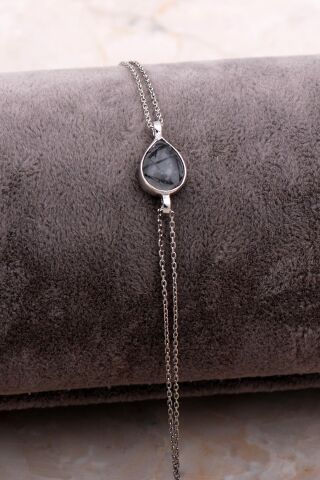 Doğal Rutil Kuvars Taşlı Damla Mini Rodyumlu Gümüş Bileklik 4111