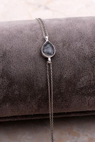 Doğal Rutil Kuvars Taşlı Damla Mini Rodyumlu Gümüş Bileklik 4111