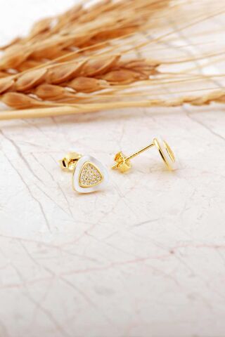 Sedef Taşlı Altın Kaplama Üçgen Mini Gümüş Küpe 7271