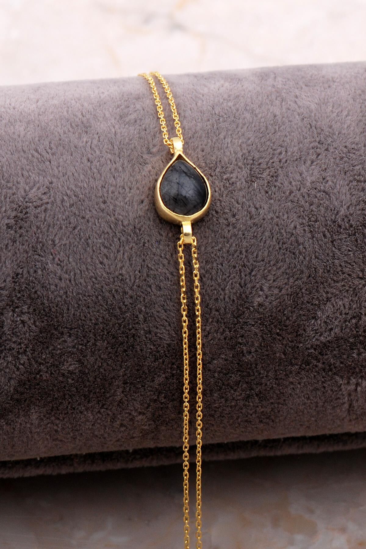 Doğal Rutil Kuvars Taşlı Damla Mini Altın Yaldızlı Gümüş Bileklik 4112