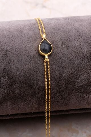 Doğal Rutil Kuvars Taşlı Damla Mini Altın Yaldızlı Gümüş Bileklik 4112