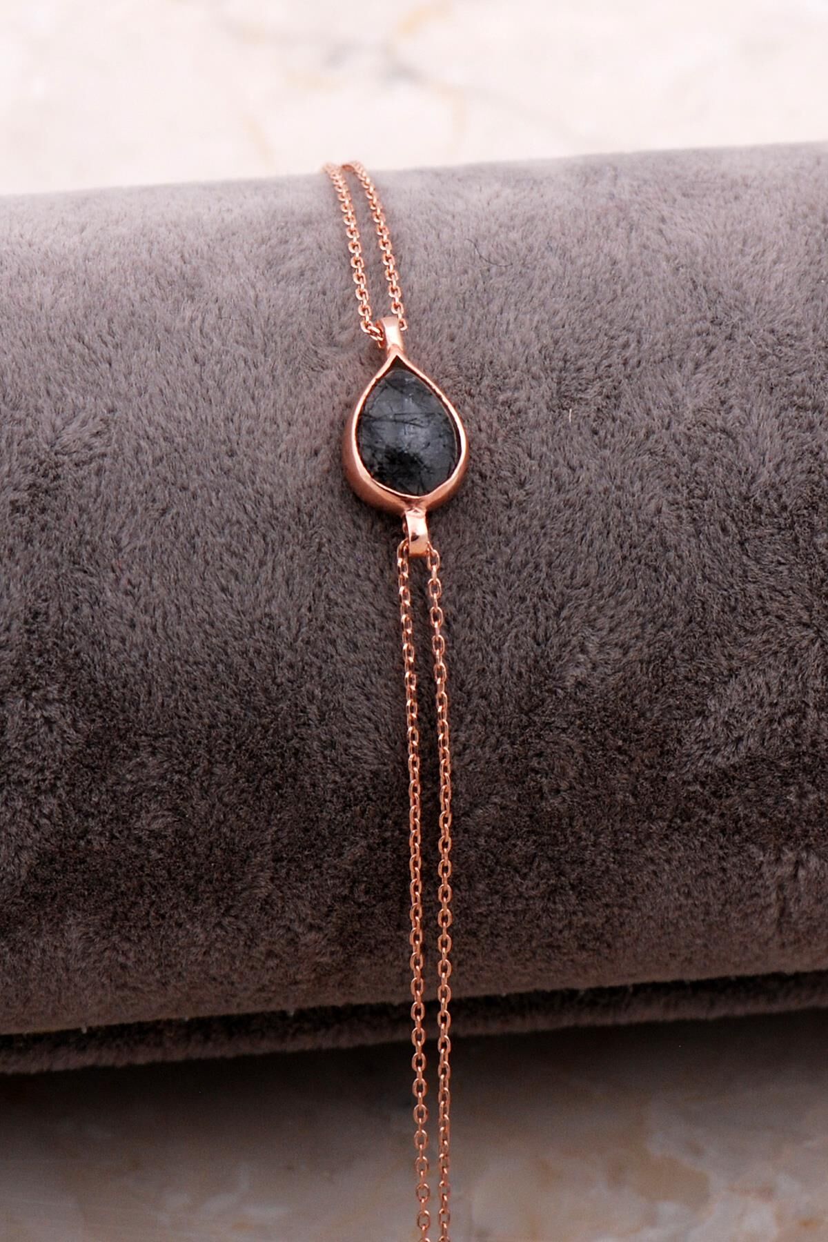 Doğal Rutil Kuvars Taşlı Damla Mini Rose Gümüş Bileklik 4113