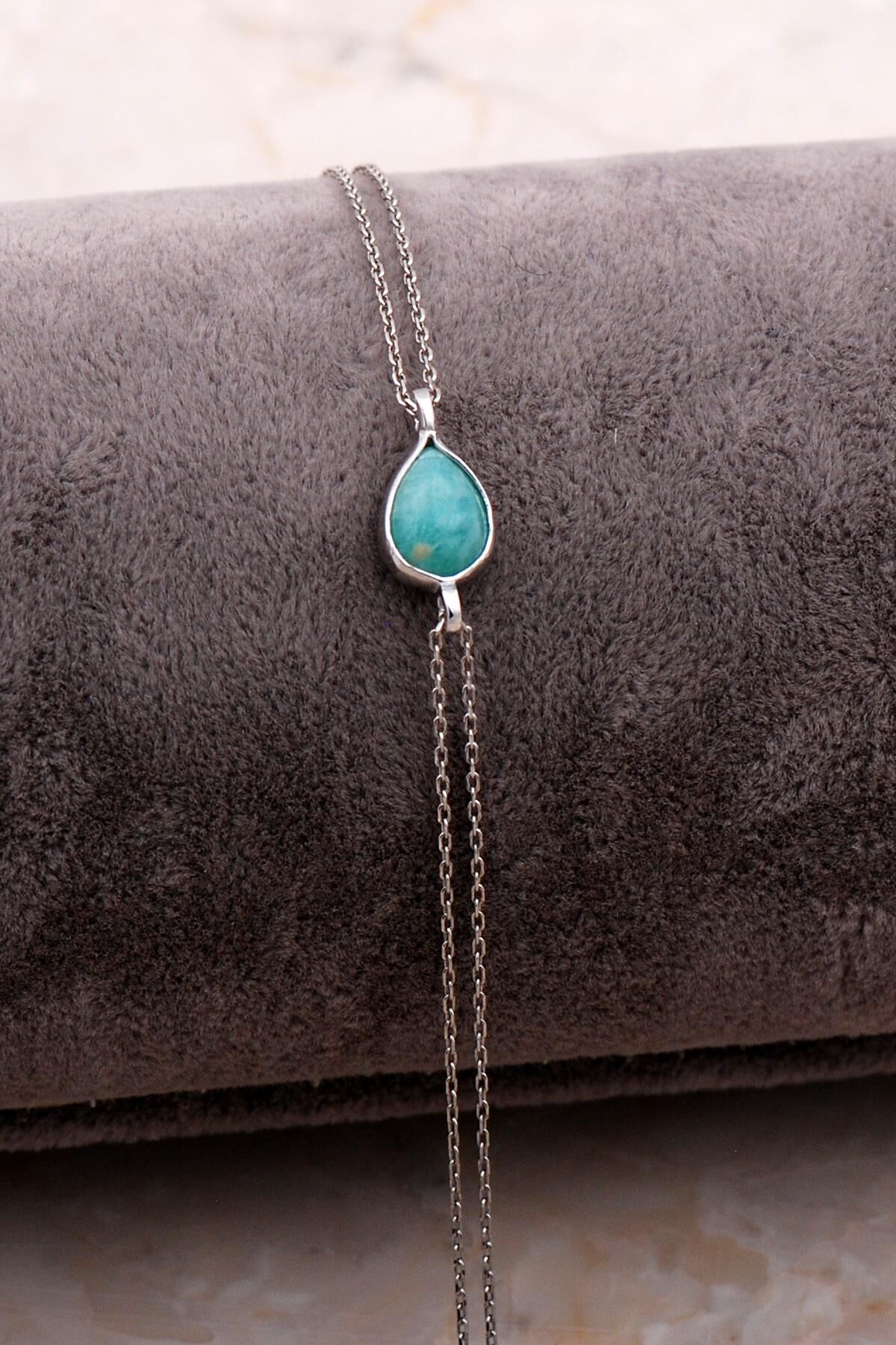 Doğal Amazonit Taşlı Damla Mini Rodyumlu Gümüş Bileklik 4114