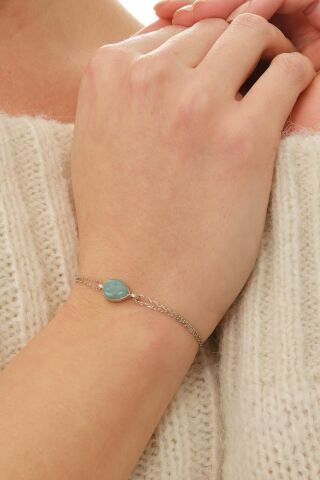 Doğal Amazonit Taşlı Damla Mini Rodyumlu Gümüş Bileklik 4114