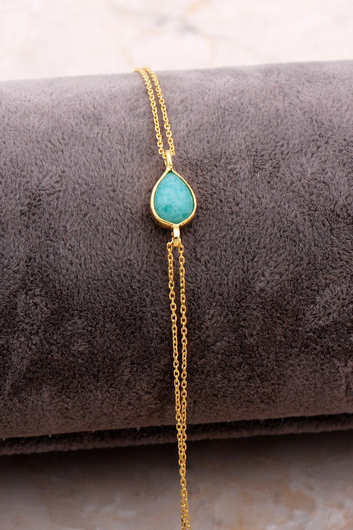 Doğal Amazonit Taşlı Damla Mini Altın Yaldızlı Gümüş Bileklik 4115