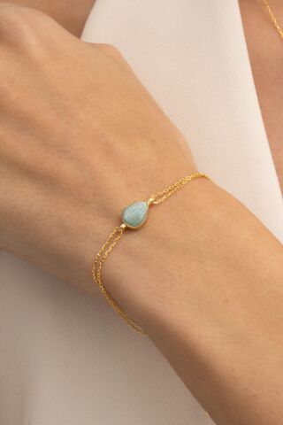 Doğal Amazonit Taşlı Damla Mini Altın Yaldızlı Gümüş Bileklik 4115