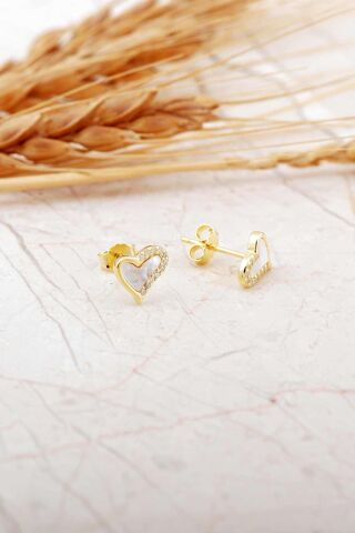 Sedef Taşlı Altın Kaplama Kalp Mini Gümüş Küpe 7274