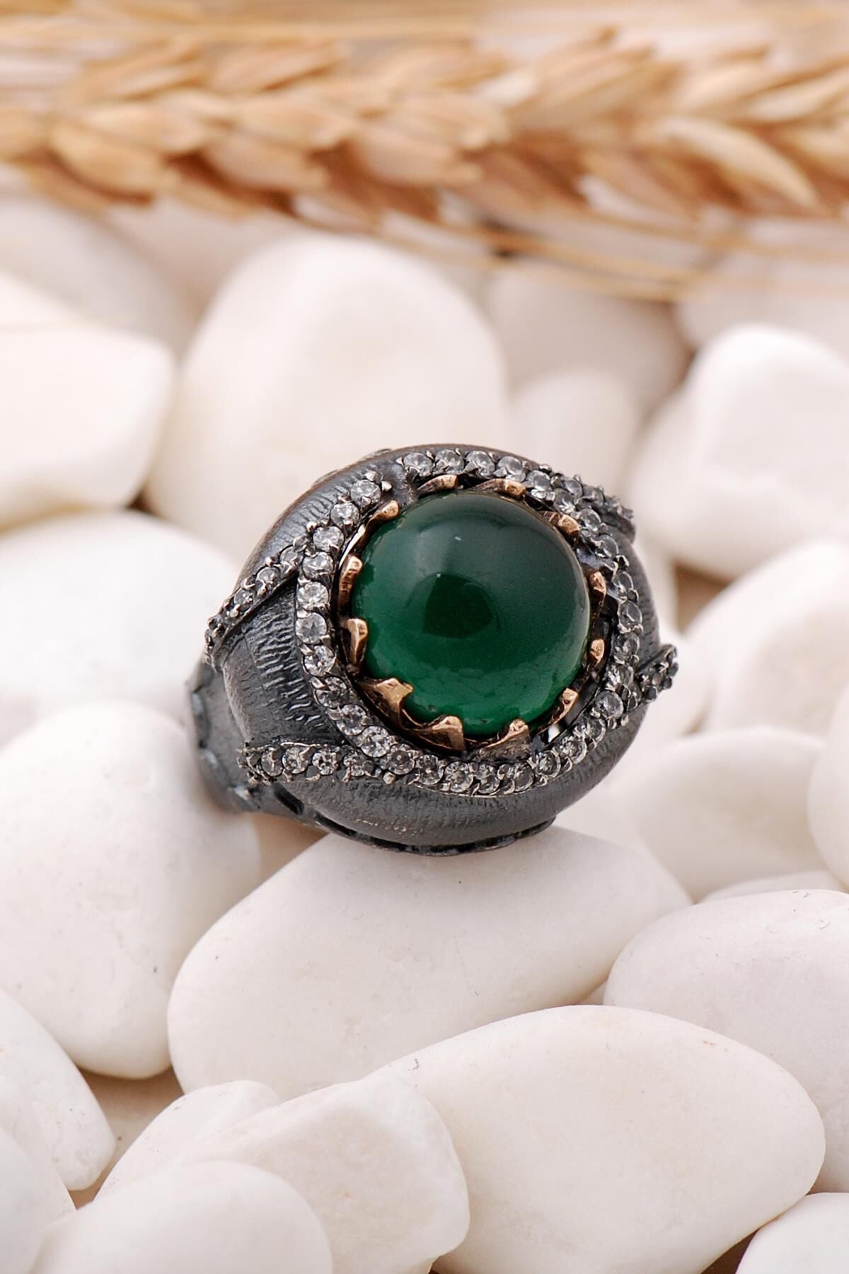 Yeşim Taşlı Elişi Gümüş Yüzük 90