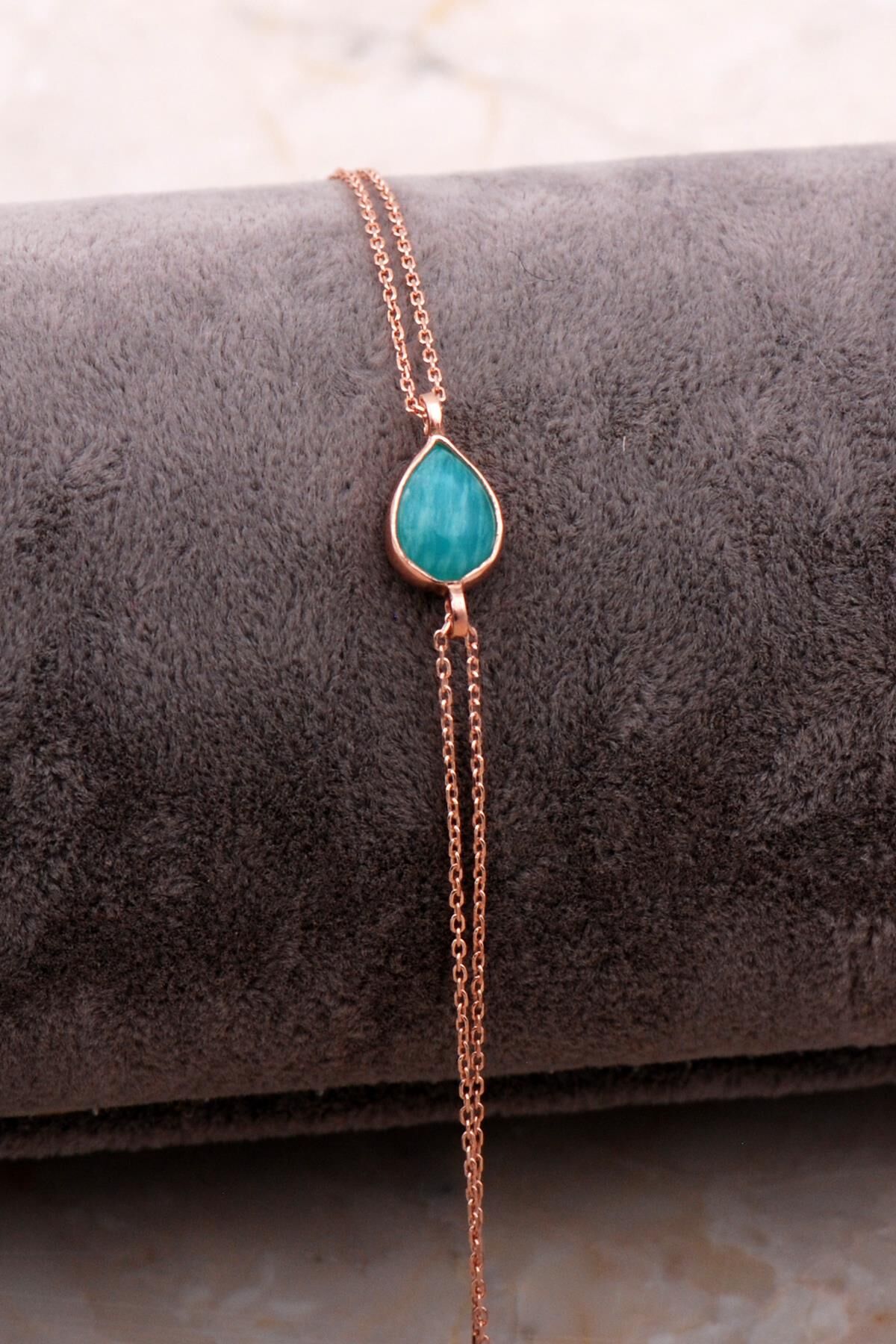 Doğal Amazonit Taşlı Damla Mini Rose Gümüş Bileklik 4116