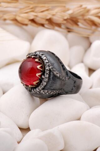Lal Taşlı Elişi Gümüş Yüzük 91