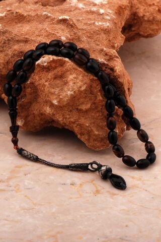 Usta İşi Hareli Ateş Kehribarı Kazaziye İşlemeli Gümüş Tesbih 357