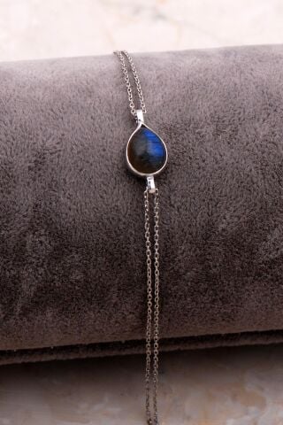 Doğal Labradorit Taşlı Damla Mini Rodyumlu Gümüş Bileklik 4117