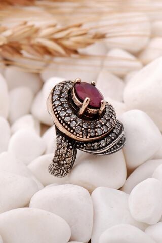 Kök Yakut Taşlı Tasarım Elişi Gümüş Yüzük 92