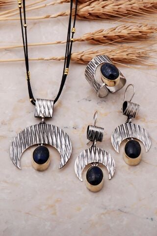 Lapis Lazuli Taşlı Hilal Tasarım Çekiç Dövme Gümüş Set 1781