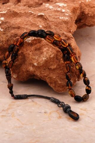 Usta İşi Hareli Ateş Kehribarı Kazaziye İşlemeli Gümüş Tesbih 358