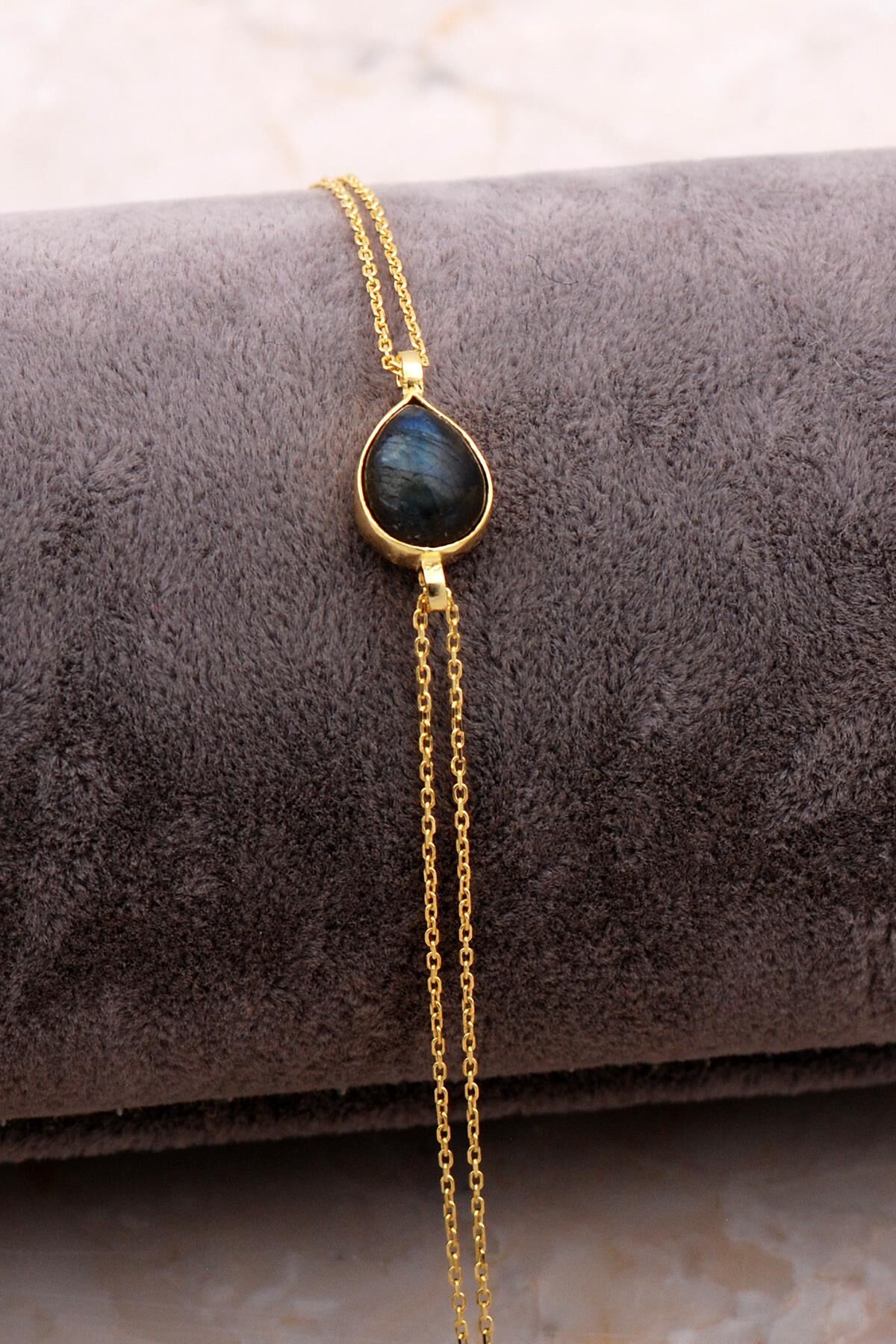 Doğal Labradorit Taşlı Damla Mini Altın Yaldızlı Gümüş Bileklik 4118