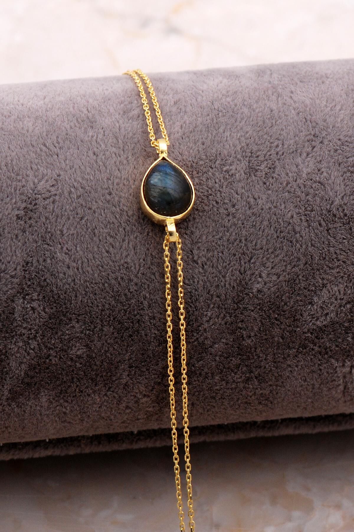 Doğal Labradorit Taşlı Damla Mini Altın Yaldızlı Gümüş Bileklik 4118