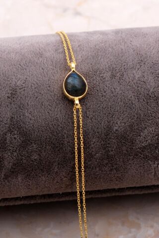 Doğal Labradorit Taşlı Damla Mini Altın Yaldızlı Gümüş Bileklik 4118