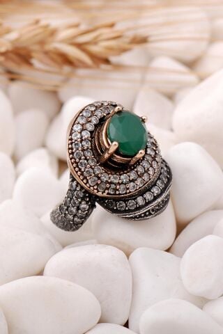 Kök Zümrüt Taşlı Tasarım Elişi Gümüş Yüzük 93