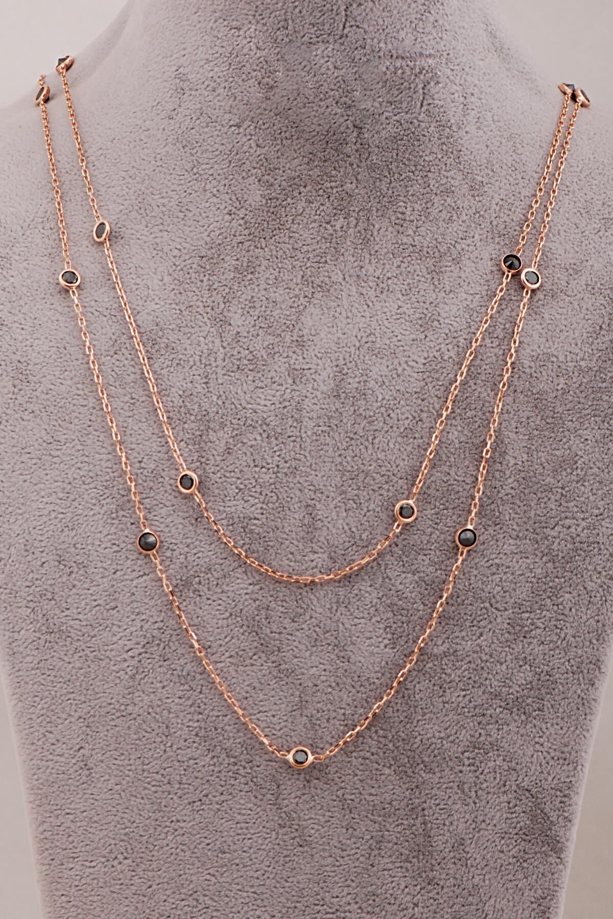 Oniks Taşlı 116 Cm Rose Gümüş Kolye 7934