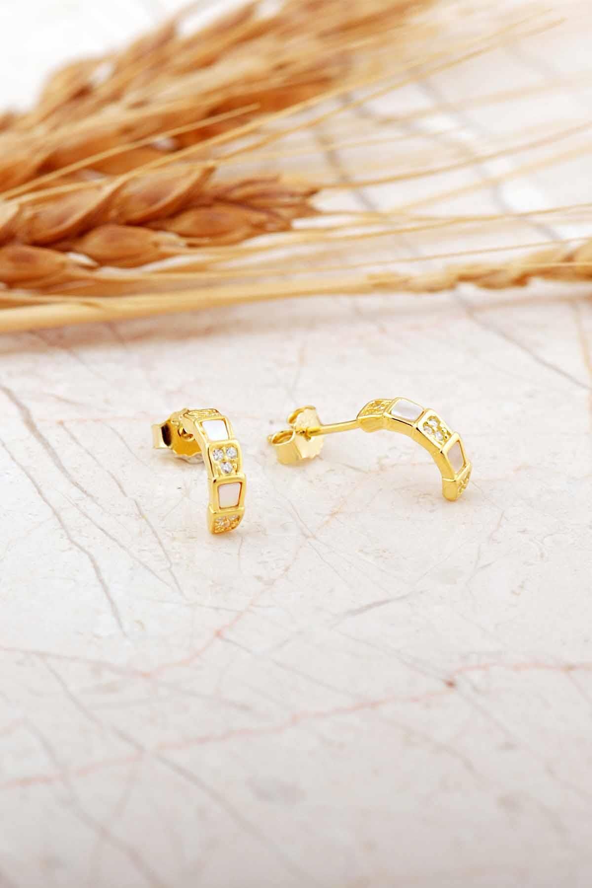 Sedef Taşlı Altın Kaplama Mini Yarım Halka Gümüş Küpe 7277