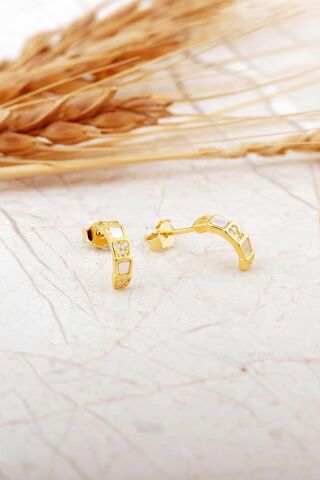 Sedef Taşlı Altın Kaplama Mini Yarım Halka Gümüş Küpe 7277