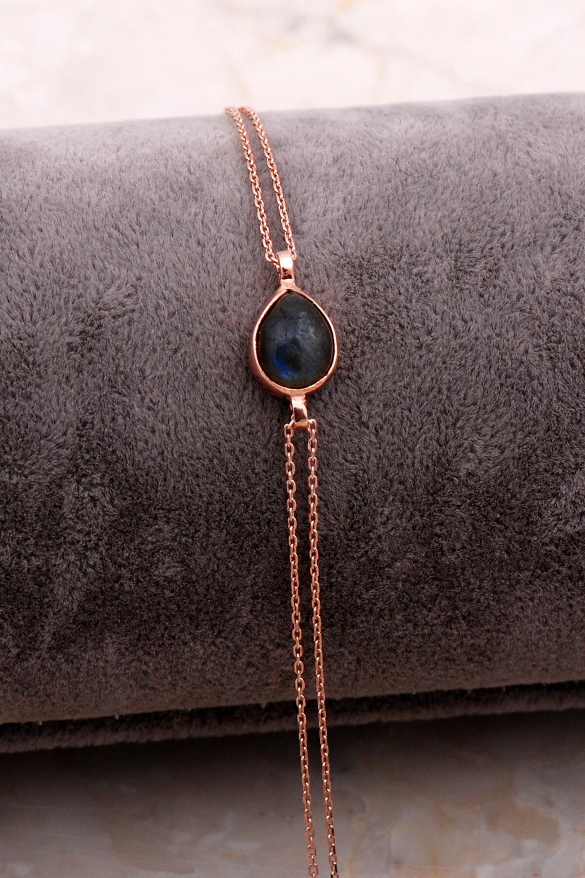 Doğal Labradorit Taşlı Damla Mini Rose Gümüş Bileklik 4119