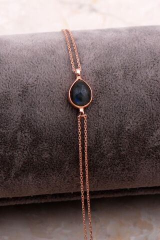 Doğal Labradorit Taşlı Damla Mini Rose Gümüş Bileklik 4119