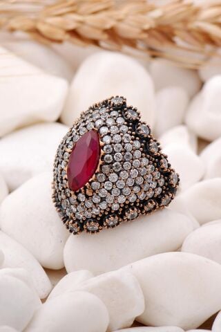 Kök Yakut Taşlı Elişi Gümüş Yüzük 94