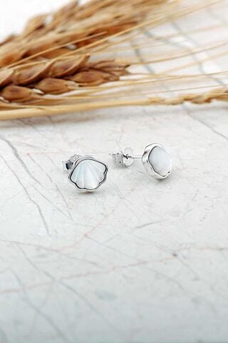 Sedef Taşlı Rodyumlu Deniz Kabuğu Mini Gümüş Küpe 7278