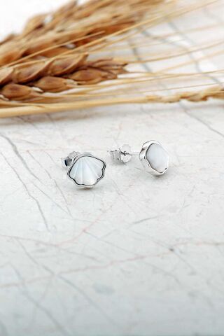 Sedef Taşlı Rodyumlu Deniz Kabuğu Mini Gümüş Küpe 7278