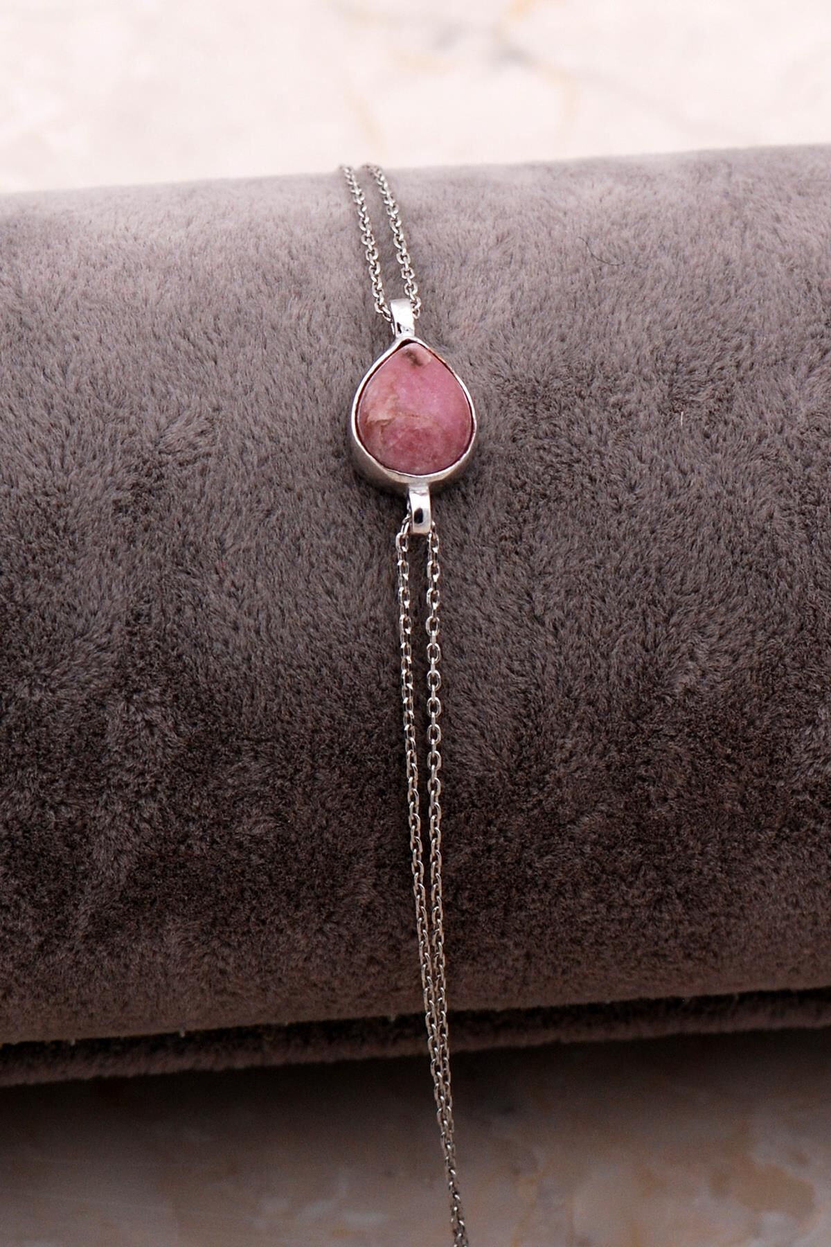 Doğal Rodonit Taşlı Damla Mini Rodyumlu Gümüş Bileklik 4120