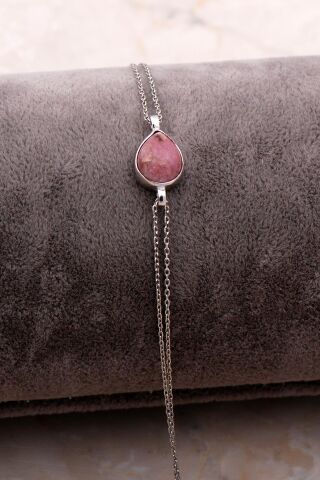 Doğal Rodonit Taşlı Damla Mini Rodyumlu Gümüş Bileklik 4120