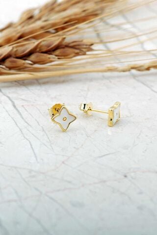 Sedef Taşlı Altın Kaplama Yonca Mini Gümüş Küpe 7279