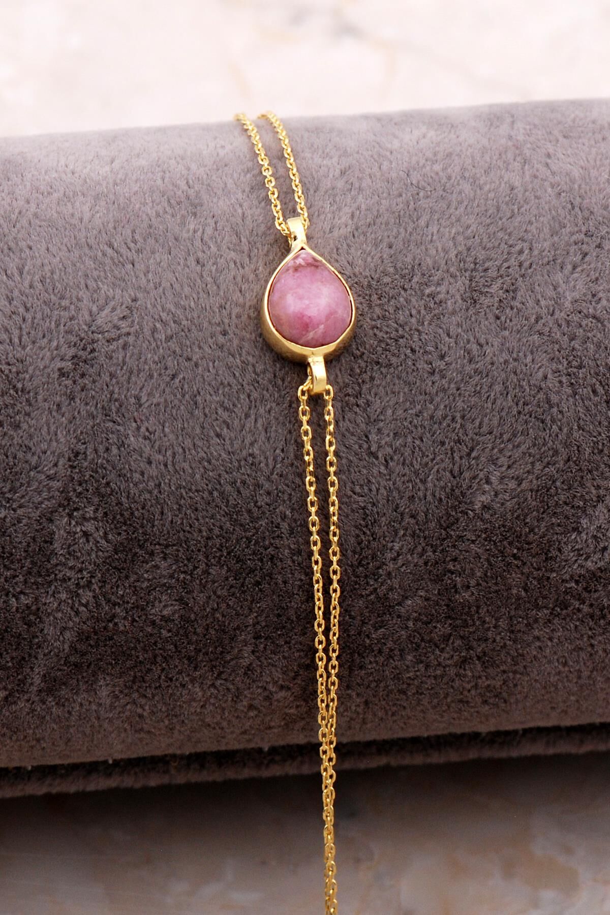 Doğal Rodonit Taşlı Damla Mini Altın Yaldızlı Gümüş Bileklik 4121