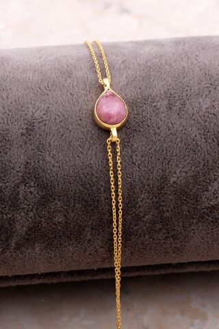 Doğal Rodonit Taşlı Damla Mini Altın Yaldızlı Gümüş Bileklik 4121