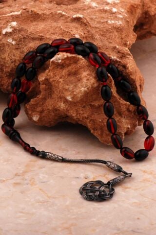 Usta İşi Hareli Ateş Kehribarı Kazaziye İşlemeli Gümüş Tesbih 362