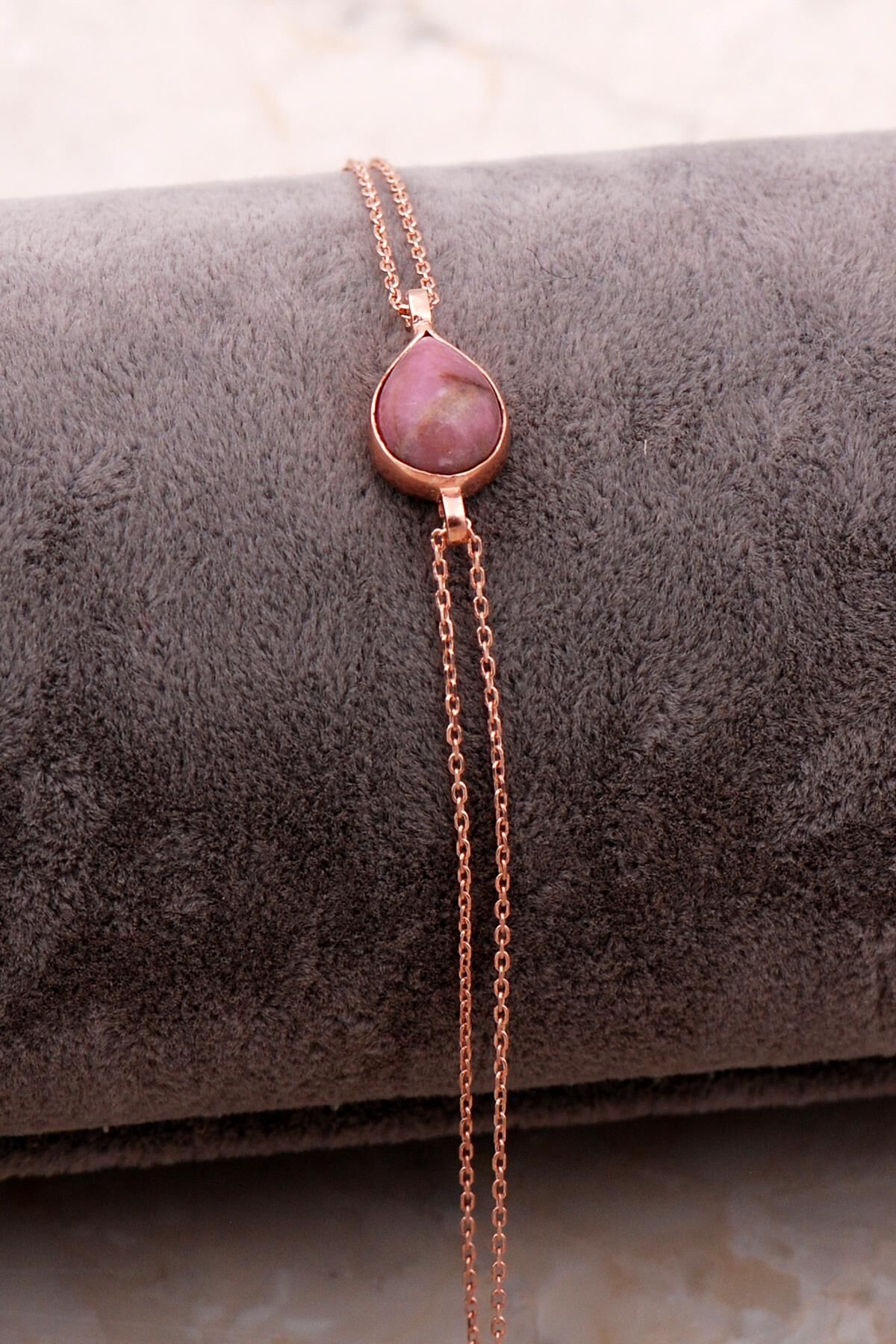 Doğal Rodonit Taşlı Damla Mini Rose Gümüş Bileklik 4122