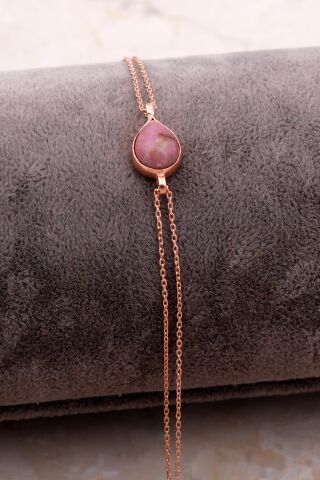Doğal Rodonit Taşlı Damla Mini Rose Gümüş Bileklik 4122