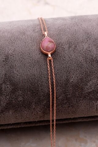Doğal Rodonit Taşlı Damla Mini Rose Gümüş Bileklik 4122