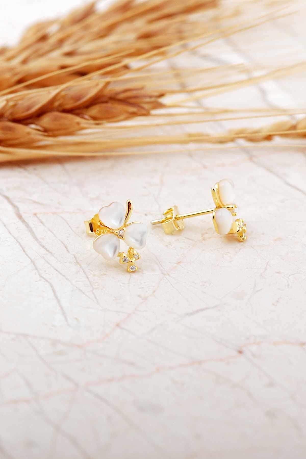 Sedef Taşlı Altın Kaplama Yonca Mini Gümüş Küpe 7282